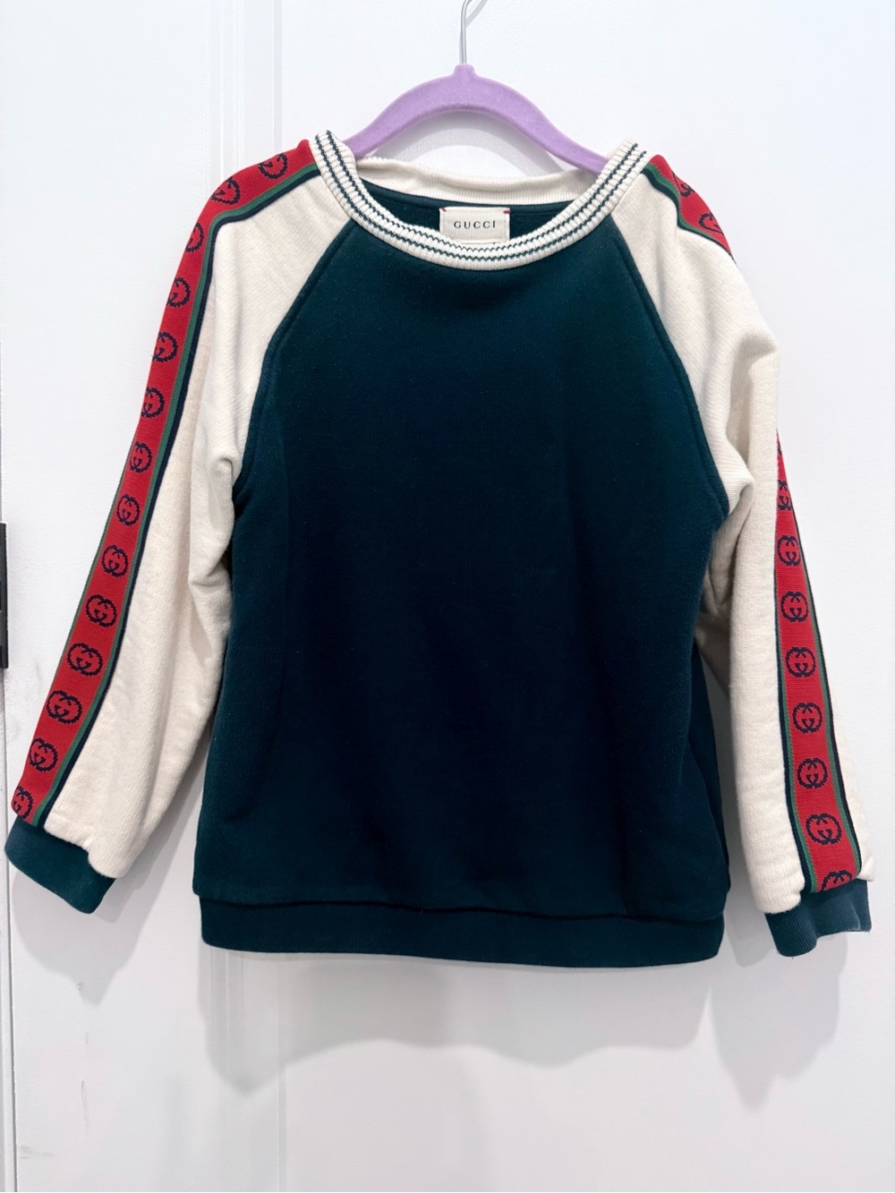 Gucci Dark Green, Cream & Red Logo-Trim Kids Crewneck